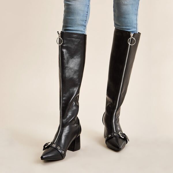 

Buckle Decor Zip Front Knee High Chunky Boots, Black