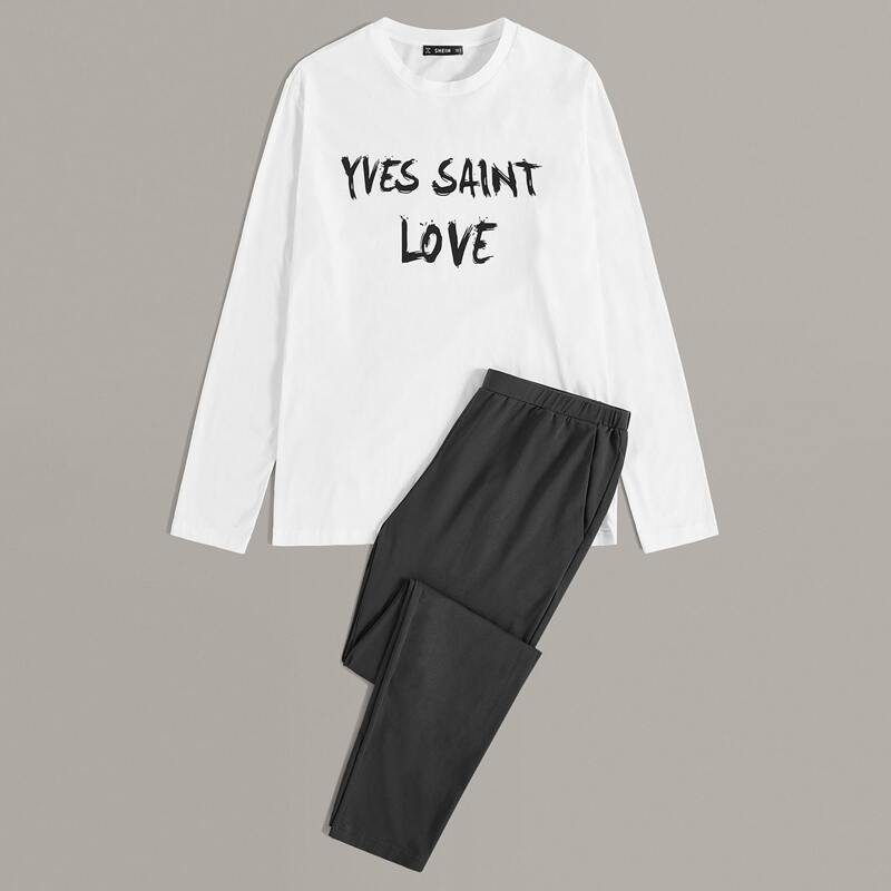 

Guys Slogan Graphic Top & Solid Pants PJ Set, Black and white