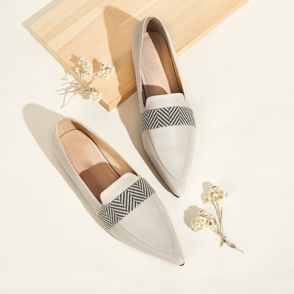 

Chevron Detail Point Toe Flat Loafers, Apricot