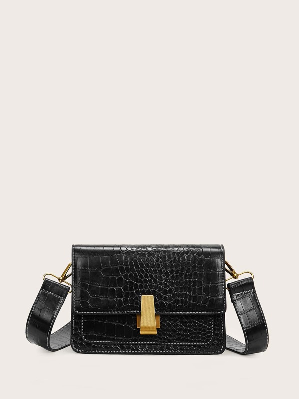 

Stitch Trim Croc Embossed Crossbody Bag, Black