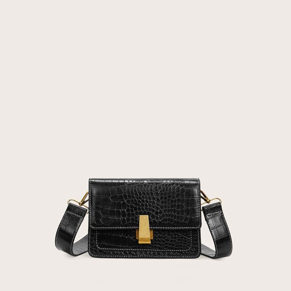 

Stitch Trim Croc Embossed Crossbody Bag, Black