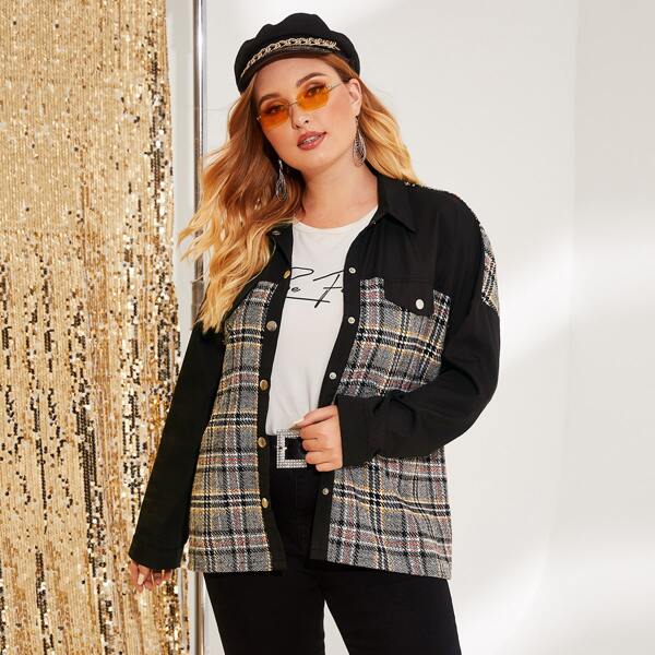 

Plus Button Front Tartan Colorblock Jacket, Multicolor