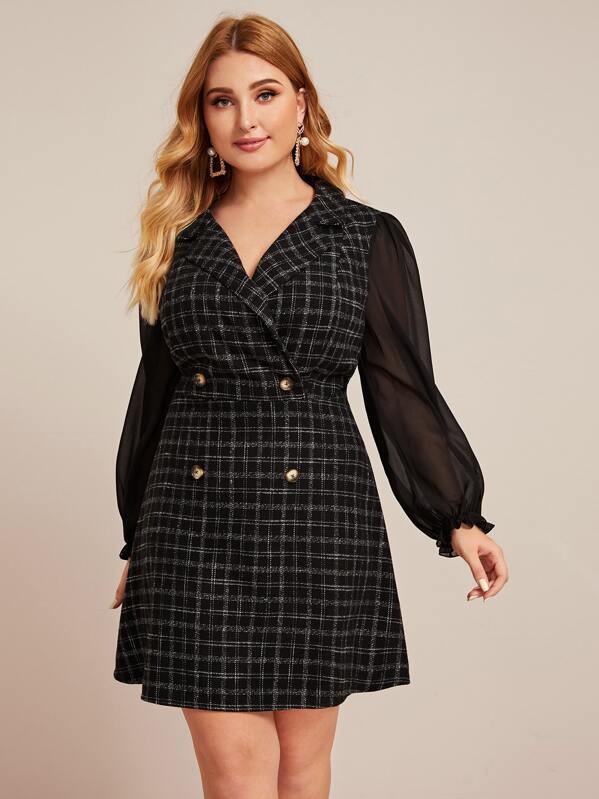 

Plus Double Button Sheer Sleeve Plaid Dress, Black, Nora