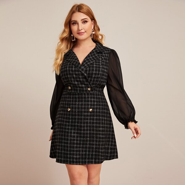

Plus Double Button Sheer Sleeve Plaid Dress, Black
