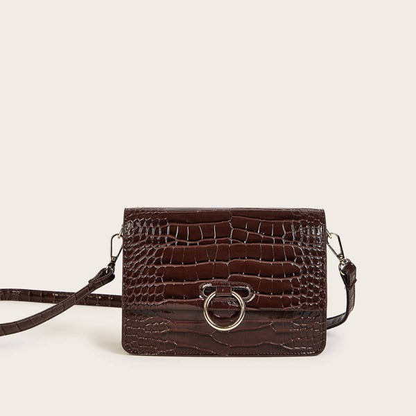 

Metal Ring Decor Croc Crossbody Bag, Brown