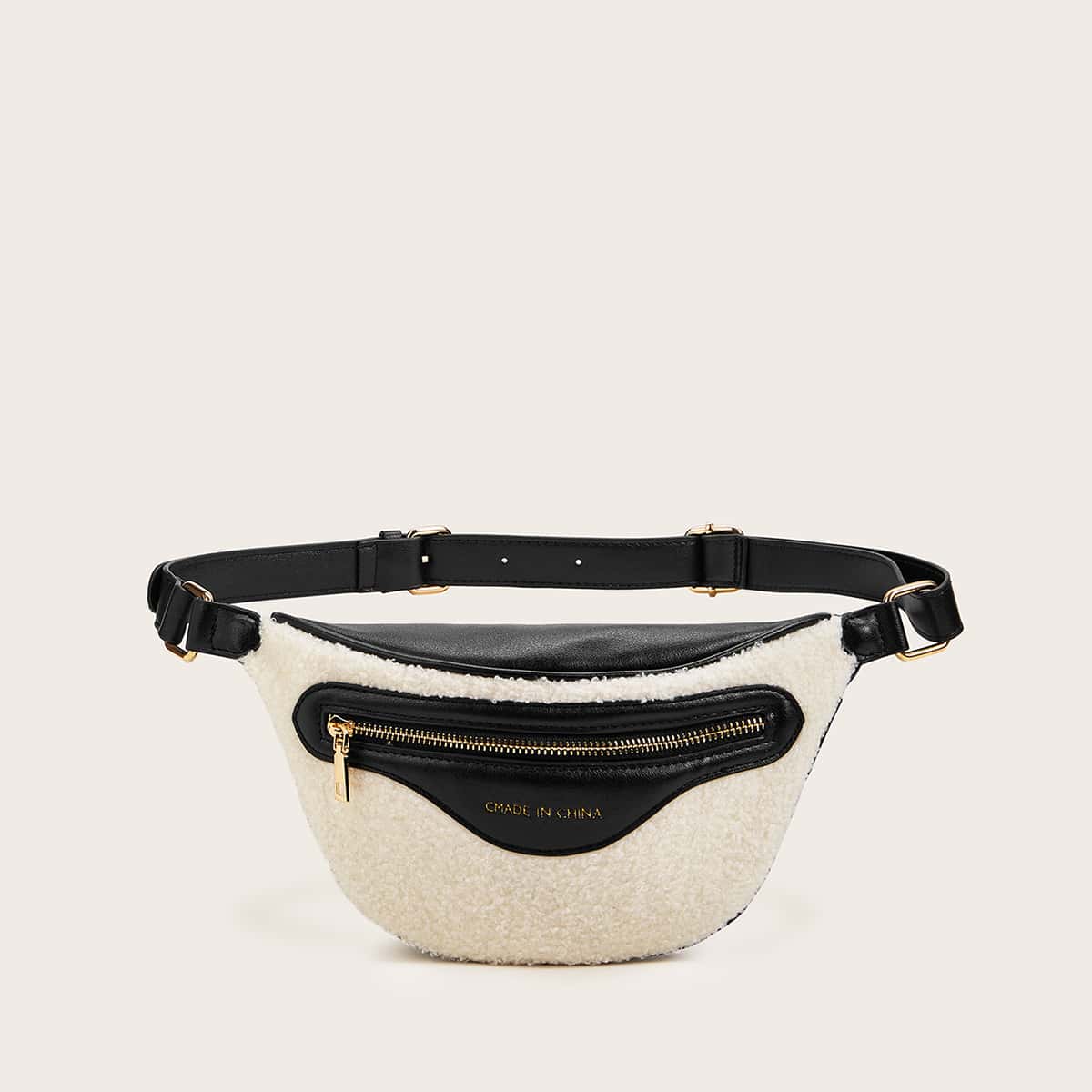 

Letter Graphic Zip Front Fluffy Fanny Pack, Beige