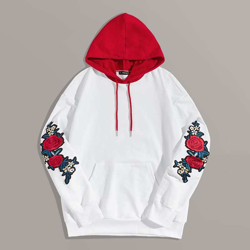 

Guys Pocket Front Floral Embroidered Patched Colorblock Hoodie, White