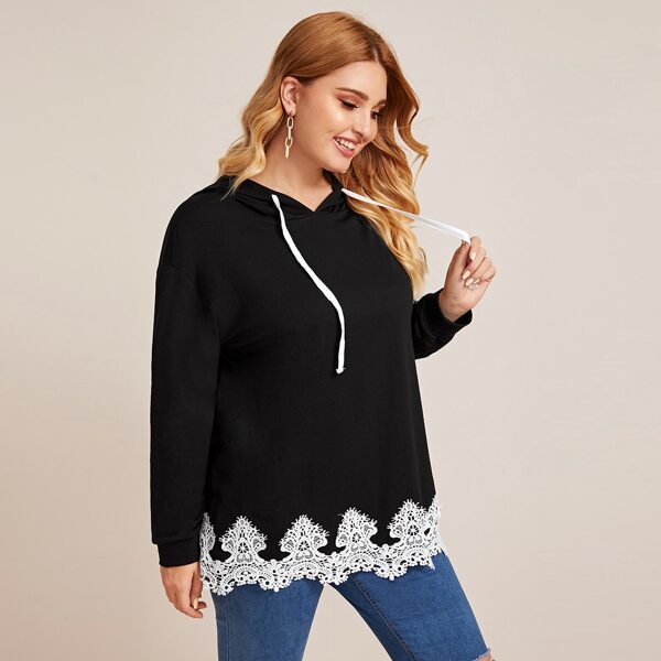 

Plus Lace Detail Drawstring Hoodie, Black