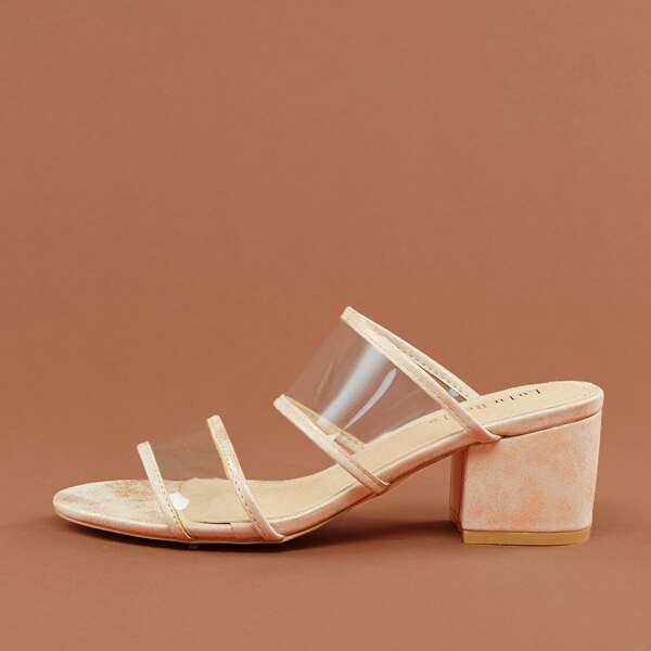 

Transparent Twin Band Open Toe Block Heel Sandals, Nude
