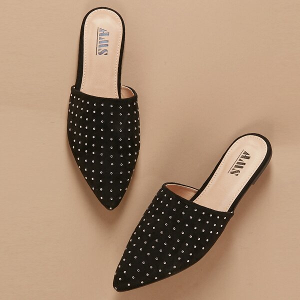 

Pointed Toe Studded Slip On Flat Mules, Black