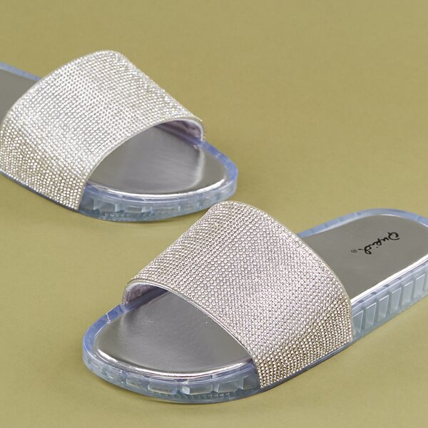 

Crystal Large Open Toe Band Flatform Slide Sandals, Silver