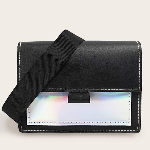 

Holographic Detail Stitch Trim Crossbody Bag, Black