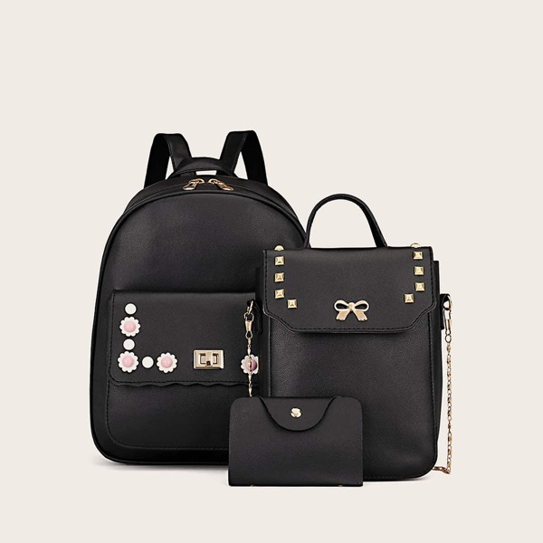

3pcs Floral Detail Backpack With Purse, Black