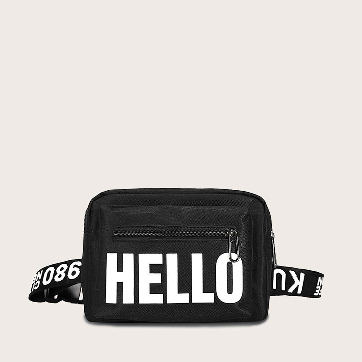 

Letter Graphic Zip Front Fanny Pack, Black
