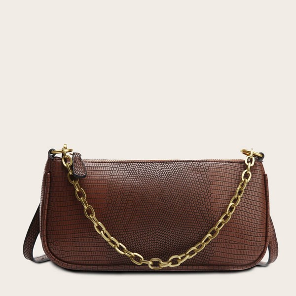 

Lizard Embossed Chain Tote Bag, Brown