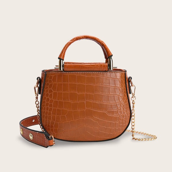 

Metal Detail Croc Embossed Satchel Bag, Brown
