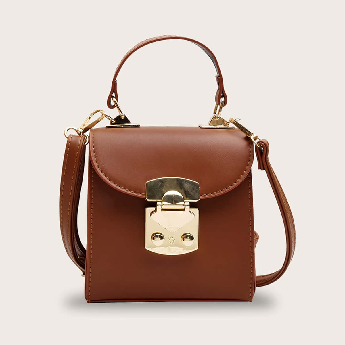 

Mini Push Lock Flap Satchel Bag, Brown
