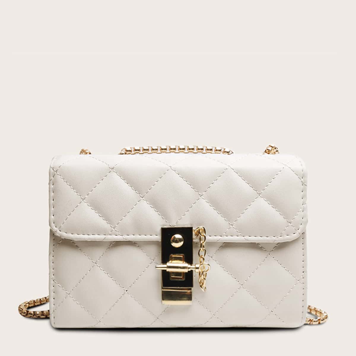 

Metal Lock Detail Quilted Chain Bag, Beige