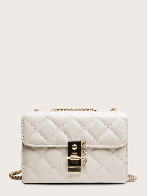 

Metal Lock Detail Quilted Chain Bag, White