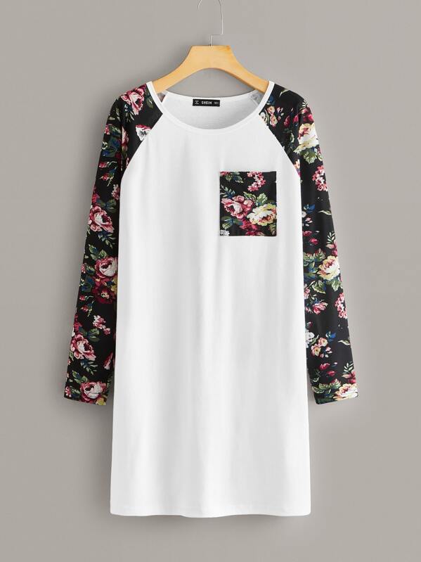 

Floral Print Raglan Sleeve Pocket Patch T-shirt Dress, White