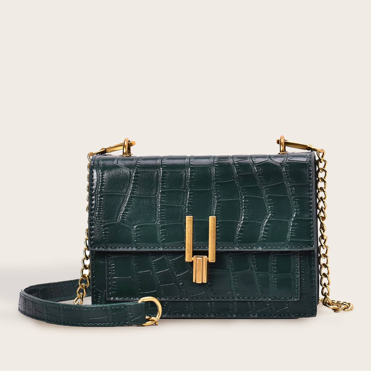 

Metal Lock Detail Croc Chain Bag, Dark green