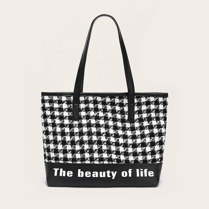 

Letter Detail Houndstooth Tote Bag, Black and white