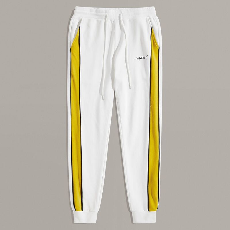 

Guys Drawstring Waist Letter Graphic Colorblock Sweatpants, White