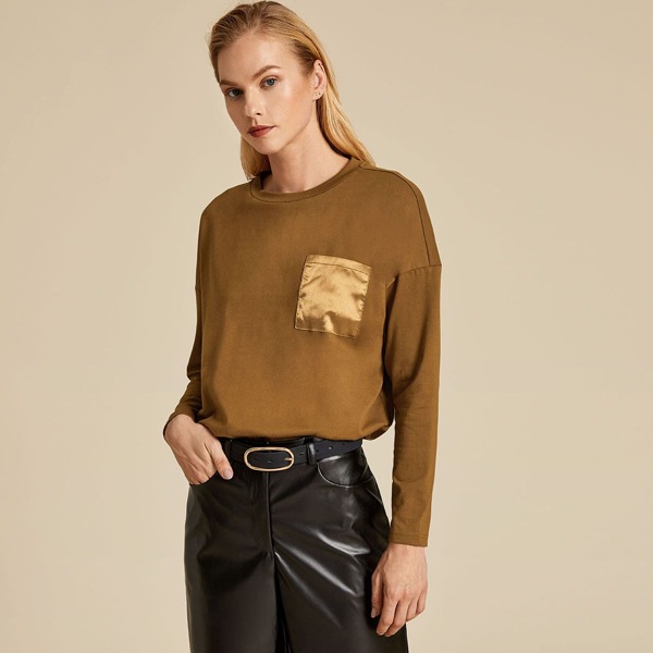 

Premium Drop Shoulder Satin Pocket Front Top, Brown