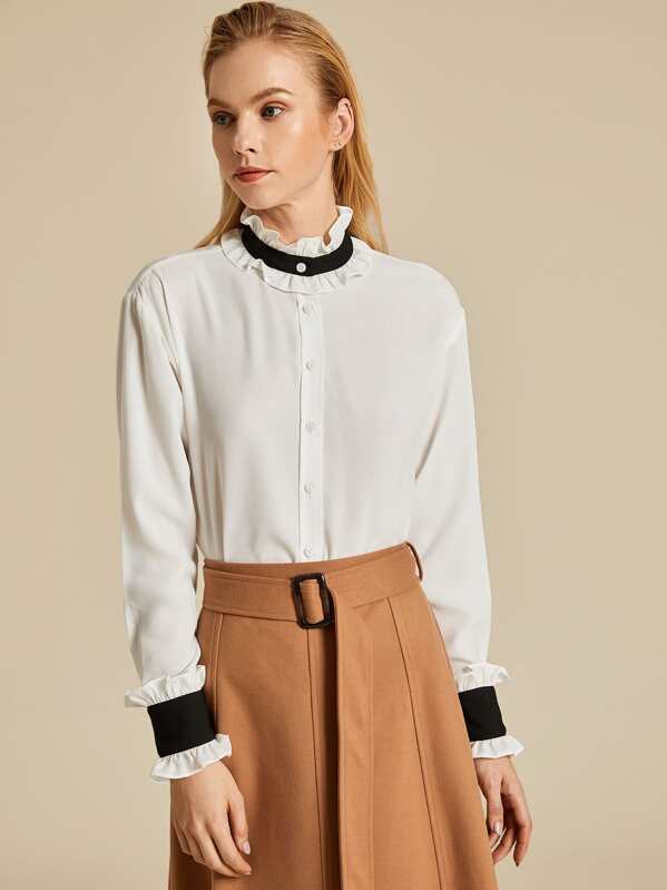 

Premium Frill Trim Contrast Neck & Cuff Blouse, White, Denisa