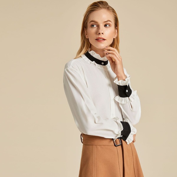 

Frill Trim Contrast Neck & Cuff Blouse, White