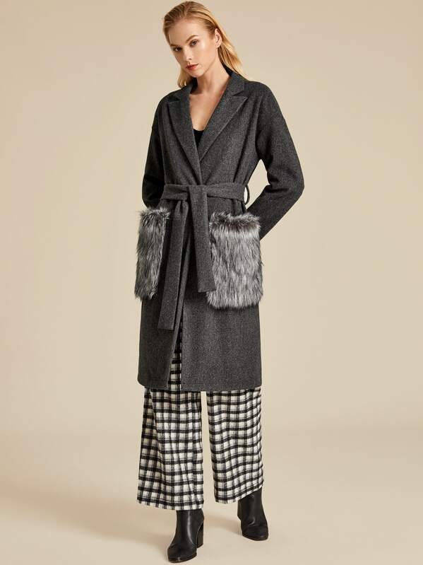 

Premium Faux Fur Pocket Patched Self Belted Coat, Grey, Denisa