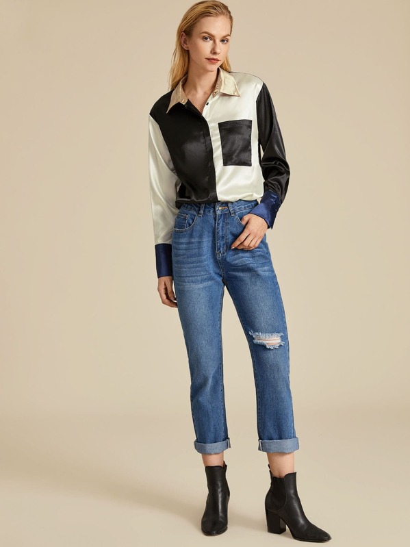 

Premium Colorblock Pocket Front Satin Blouse, Multicolor, Denise