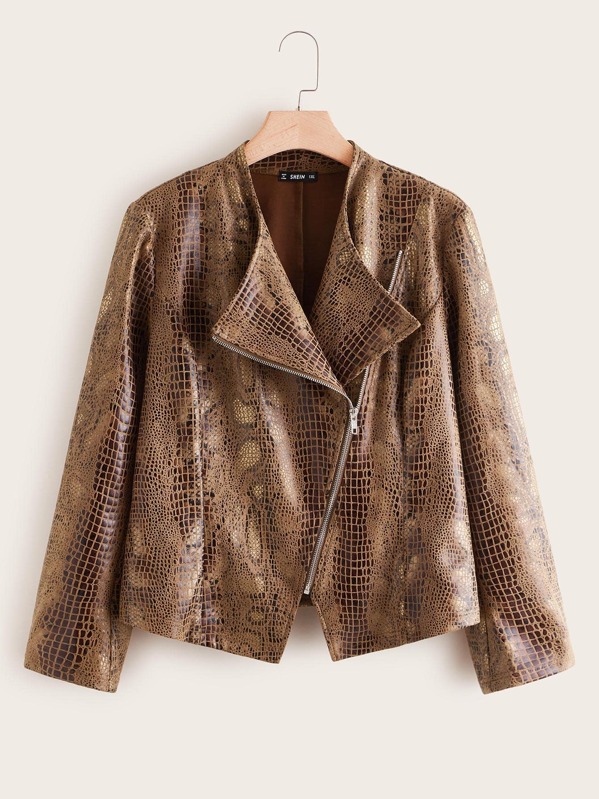 

Plus Zip Up Crocodile Embossed Suede Biker Jacket, Brown