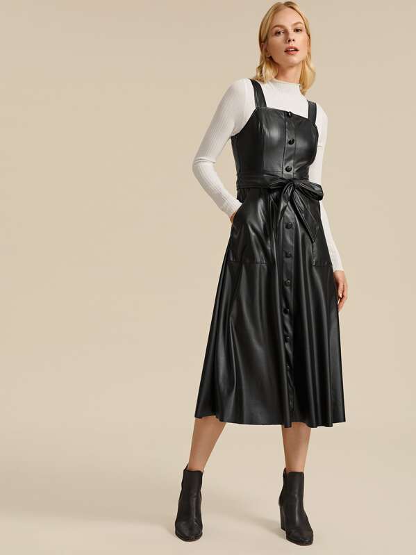 

Premium Buttoned Front Self Belted PU Leather Pinafore Dress, Black, Denisa