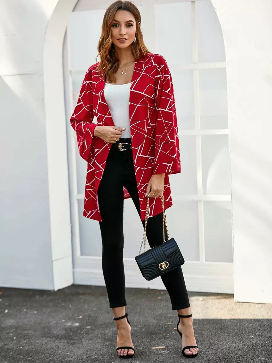 SHEIN LUNE معطف بطباعة جغرافي مفتوح أمامي
