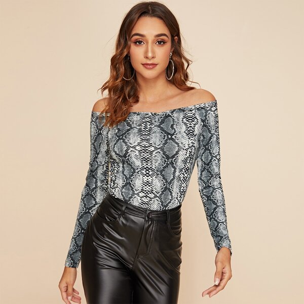 

Off Shoulder Snakeskin Print Top, Multicolor