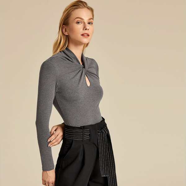 

Premium Twist Keyhole Neck Solid Slim Tee, Grey
