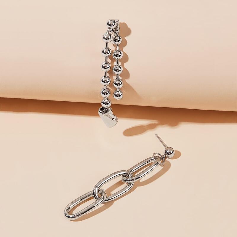 

1pair Chain & Beaded Drop Earrings, Silver