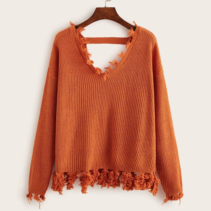 

V Neck Frayed Trim Sweater, Orange