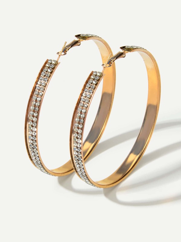 

1pair Rhinestone Engraved Hoop Earrings, Gold
