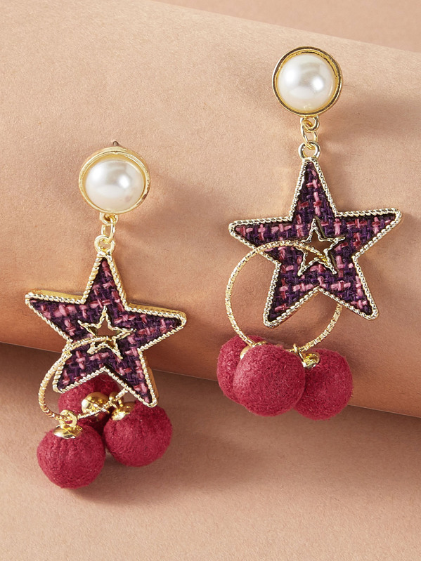 

1pair Faux Pearl Decor Pom Pom & Star Drop Earrings, Multicolor