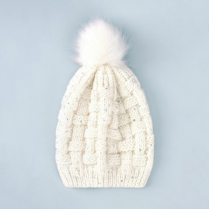 

Sequin Decor Knit Beanie, White