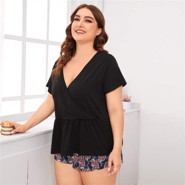 

Plus Paisley Print PJ Set, Black