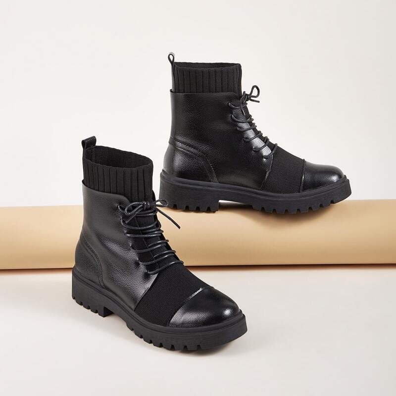 

Lace-up Front Sock Boots, Black