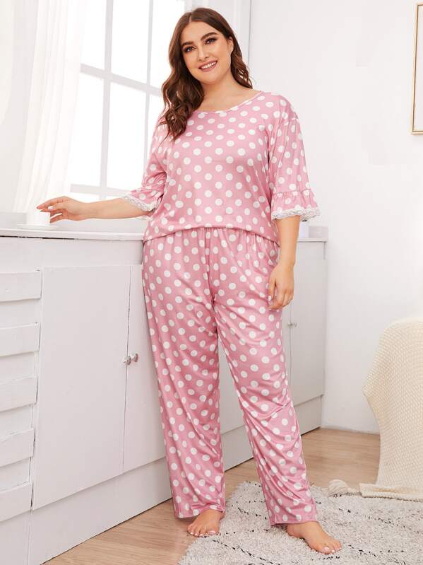 

Plus Polka Dot Lace Trim PJ Set, Pink, Franziska