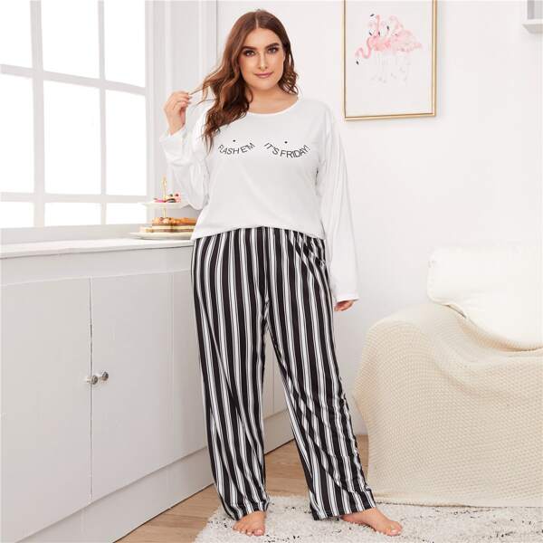 

Plus Letter & Striped Print PJ Set, Black and white