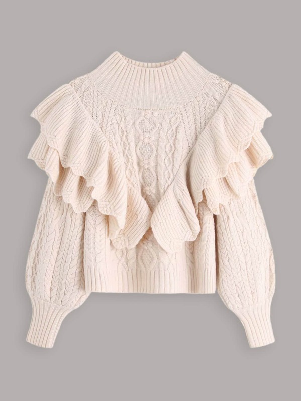 

Ruffle Scallop Trim Layered Jumper, Beige
