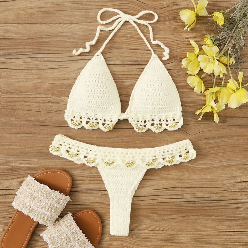 

Scallop Trim Crochet Halter Bikini Set, Beige