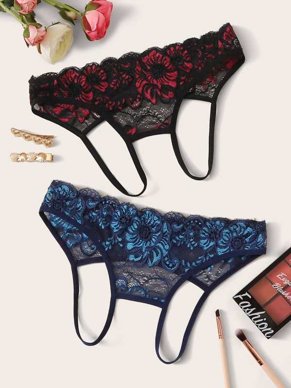 

2pack Floral Lace Crotchless Panty Set, Multicolor