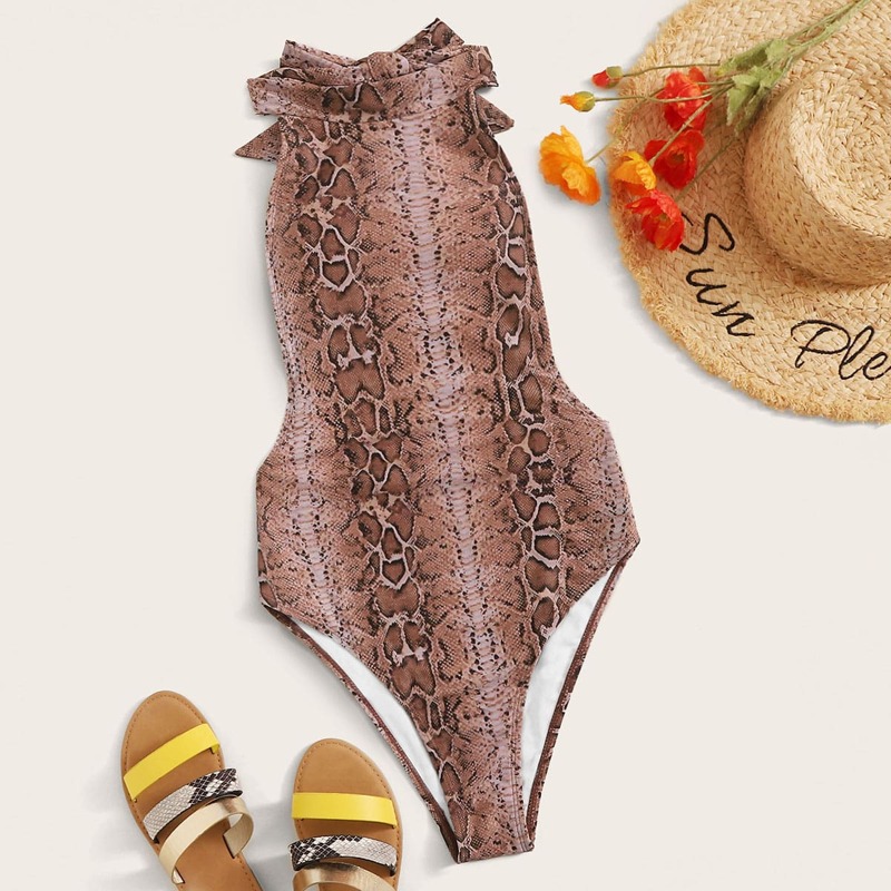 

Snakeskin Print Halter One Piece Swimwear, Multicolor